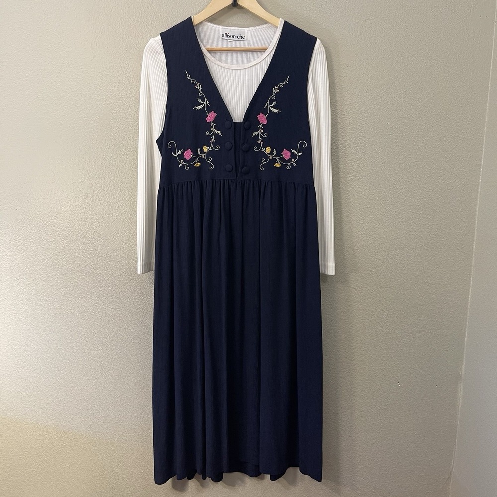 VTG Cottagecore Floral‎ Embroidery Jumper Dress & Shirt Set Allison Che Size 8